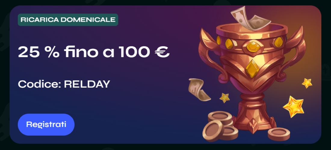 Bonus domenicale con ricarica del 25% su Savaspin Promozione domenicale con un calice dorato pieno di monete e banconote che illustra il bonus di ricarica