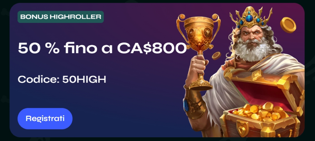 Promozione Highroller fino a 800 EUR su Savaspin Offerta highroller con Zeus che solleva un trofeo dorato e un forziere pieno d’oro accanto al codice bonus