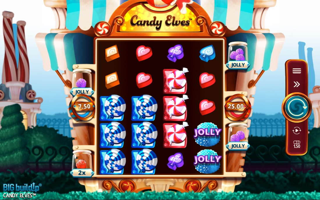 Rulli pieni di dolcetti nella slot Candy Elves Schermata della slot Candy Elves con caramelle colorate, rulli ricchi di dolcetti e moltiplicatori Jolly