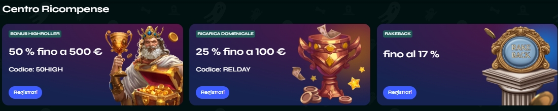 Centro Ricompense e bonus principali Savaspin Sezione Centro Ricompense di Savaspin con bonus highroller, ricarica domenicale e rakeback illustrati