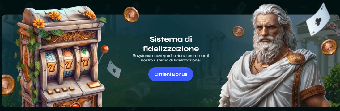 Sistema di fidelizzazione utenti Savaspin Banner con slot machine decorata e figura stile Zeus che presenta il sistema di fidelizzazione Savaspin