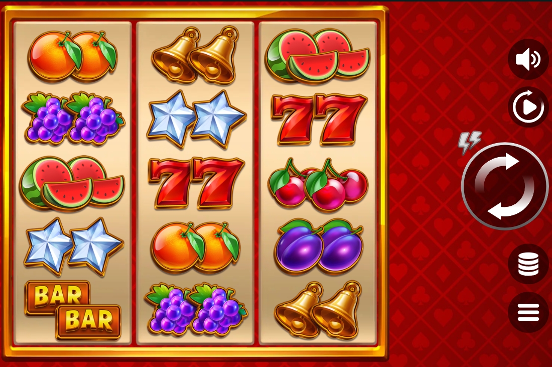 Slot a tema frutta con simboli classici e rulli luminosi Rulli di una slot classica con frutta, campane, stelle e simboli 7 rossi in stile tradizionale da casinò