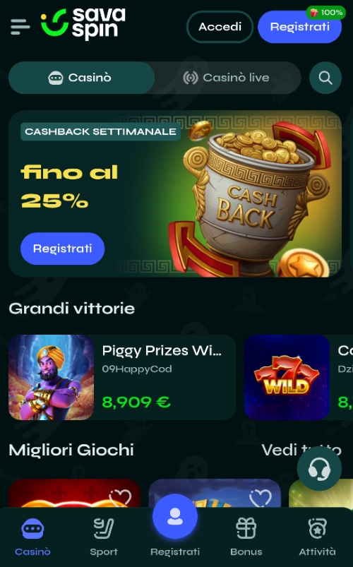 Panoramica mobile del casinò Savaspin Schermata mobile del casinò Savaspin con banner cashback, giochi popolari, categorie e vincite recenti