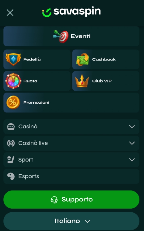 Menu mobile completo delle sezioni Savaspin Menu mobile di Savaspin con sezioni eventi, fedeltà, cashback, promozioni, casinò, sport e supporto