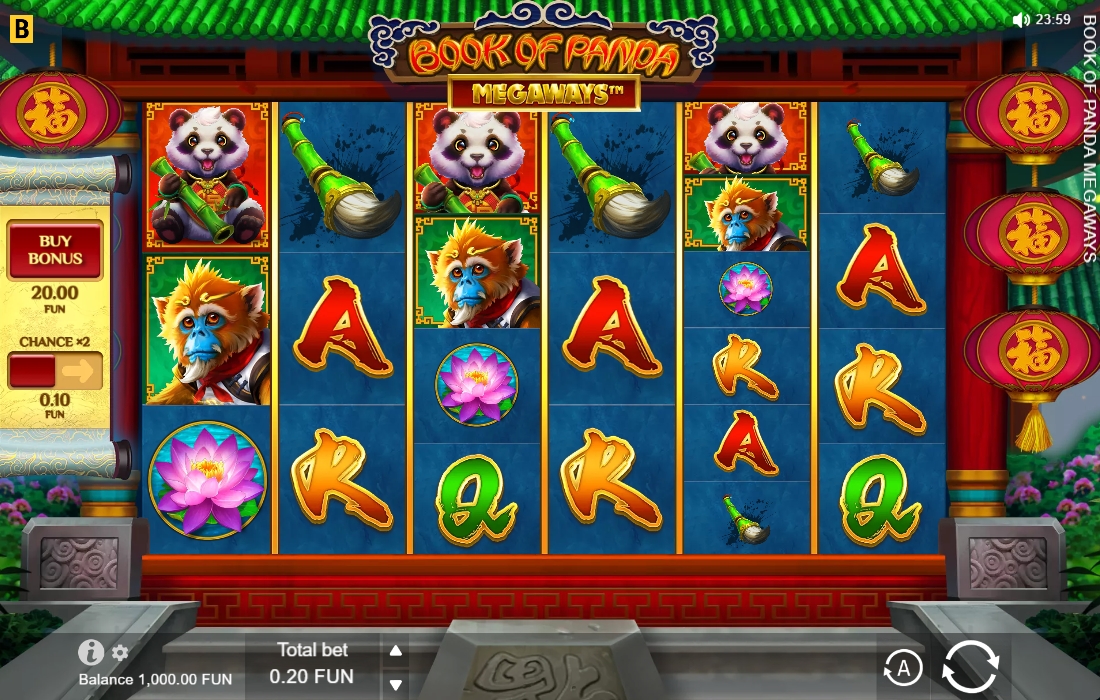 Rulli animati di Book of Panda Megaways su Savaspin Rulli del gioco Book of Panda Megaways con panda, pennelli e simboli asiatici in un tempio tradizionale