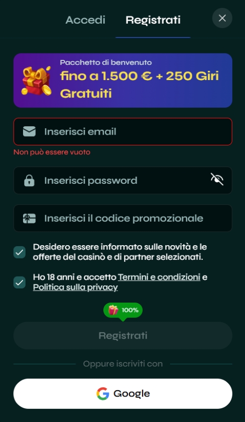 Pagina di registrazione con bonus di benvenuto Savaspin Modulo di registrazione Savaspin con campi email, password, codice promo e offerta di benvenuto