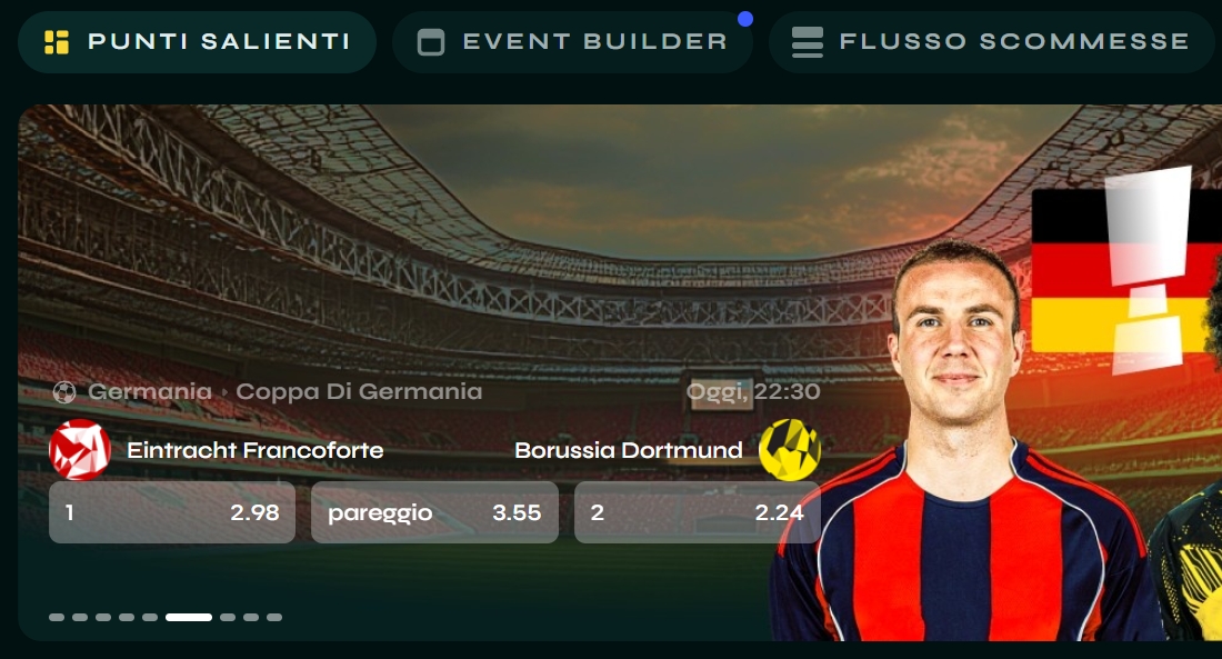 Quote evidenziate per Eintracht–Dortmund Banner match Eintracht Francoforte vs Borussia Dortmund con quote 1X2 e sfondo stadio illuminato