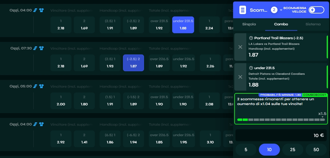 Schedina combo con mercati NBA Schedina combo con selezioni NBA, handicap e totali, inclusa barra comboboost per aumento potenziale