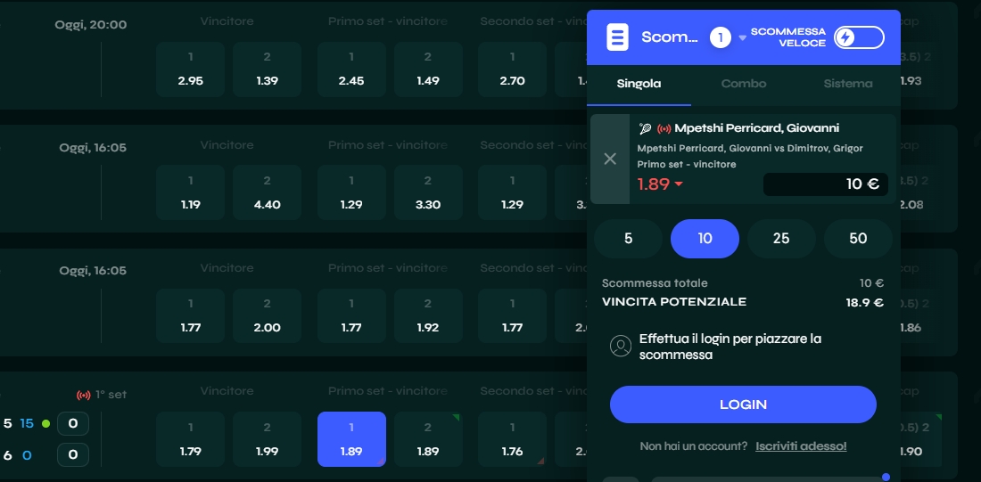 Dettagli della scommessa singola tennis Scommessa singola su incontro di tennis con quota selezionata, puntata impostata e vincita potenziale mostrata