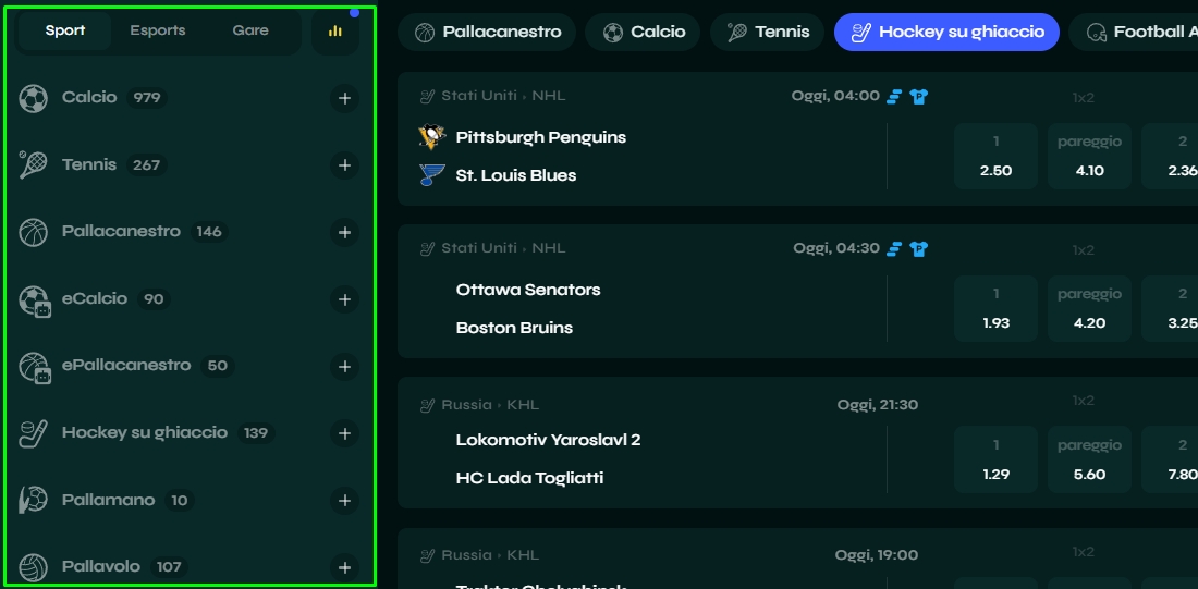 Menu sportivo e quote NHL attuali Menu degli sport Savaspin con categorie attive e schermata quote NHL per incontri come Penguins e Ottawa