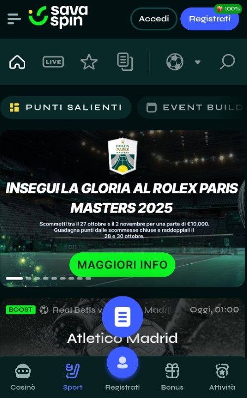 Sezione sport mobile su Savaspin Pagina sport mobile Savaspin con menu superiore, banner torneo tennis, pulsante info e match evidenziati