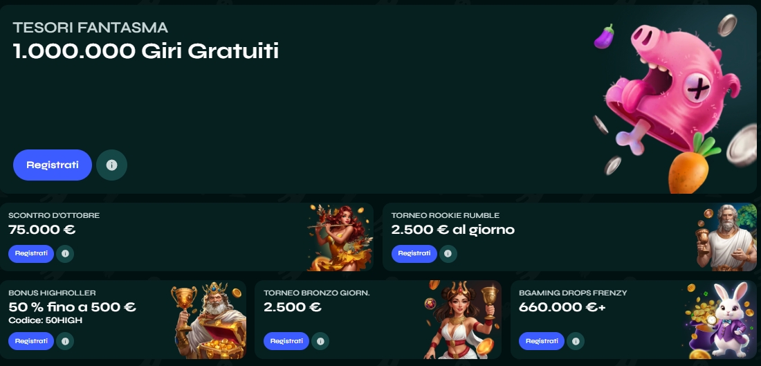Tesori Fantasma con giri gratuiti Savaspin Banner con scritta “1.000.000 giri gratuiti”, mascotte rosa stile slot e pulsante Registrati sul sito Savaspin